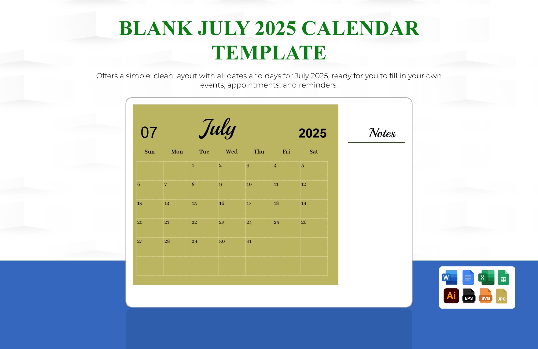 July Calendar 2025 Printable Word