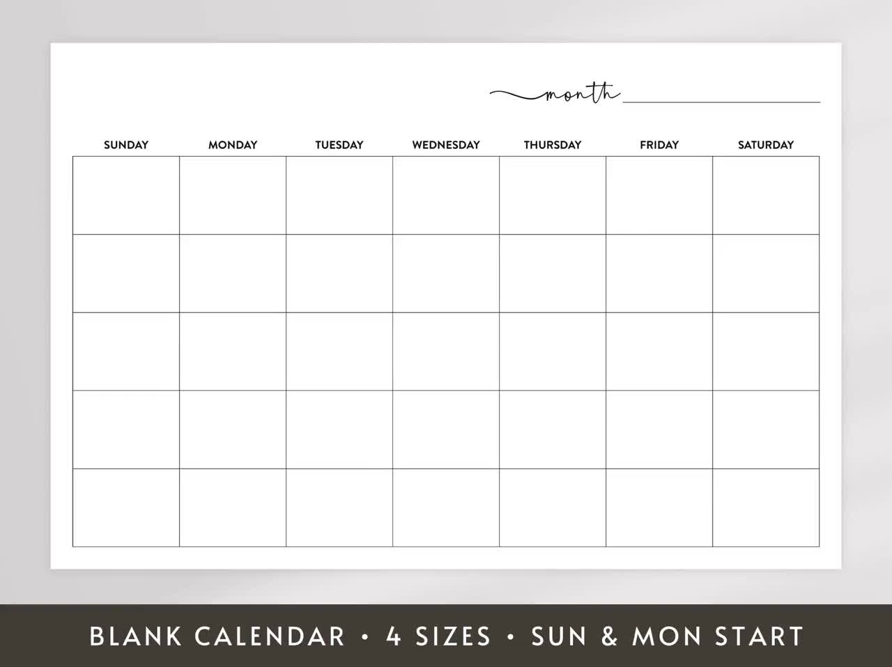 Blank Printable Calendar Large Wall Calendar Undated Calendar 8x11 18x24 24x36 27x40 Sunday And Monday Start Digital Download DIY Etsy UK