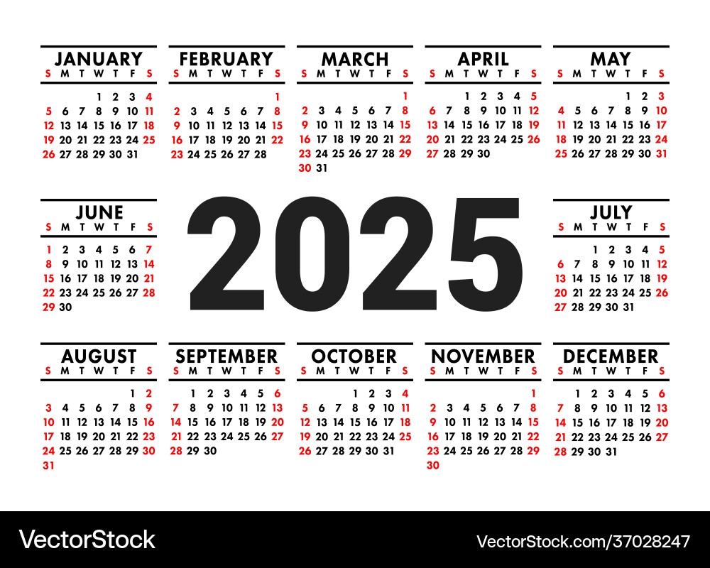 Calendar 2025 English Horizontal Wall Or Pocket Vector Image