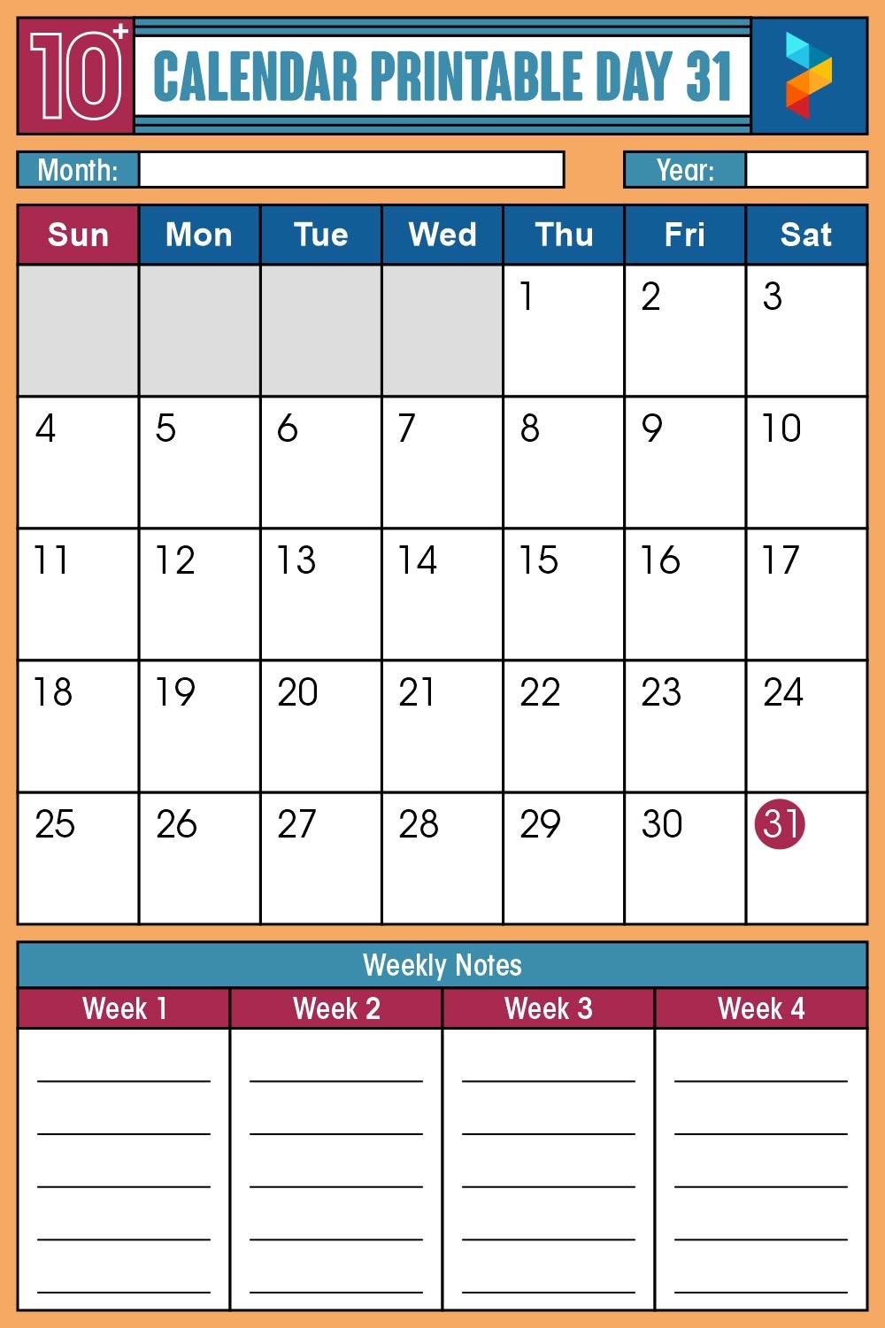 Printable 31 Day Calendar