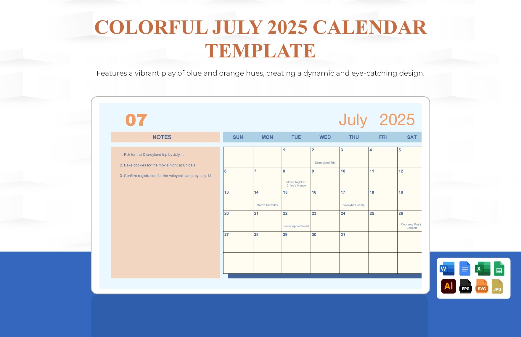 colorful july 2025 calendar in illustrator excel word svg jpg eps google sheets google docs to download template