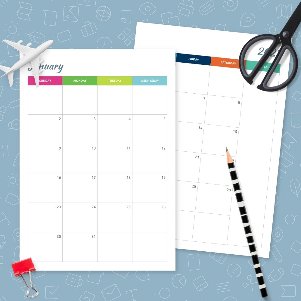 colorful monthly calendar two page template printable pdf