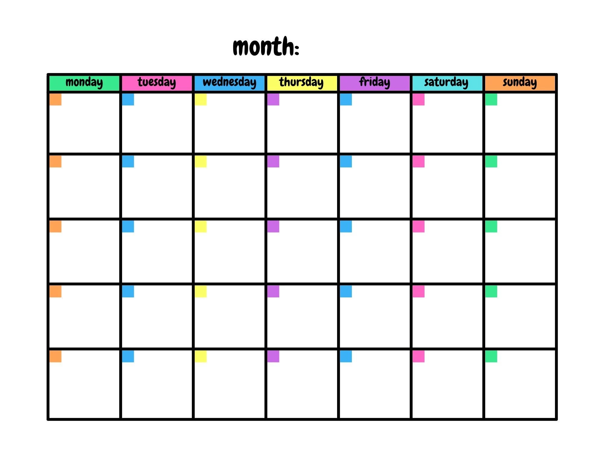 Colourful Blank Calendar Template 11 X 8 5 Inches Horizontal Printable Calendar Page PDF Printable Instant Download Etsy