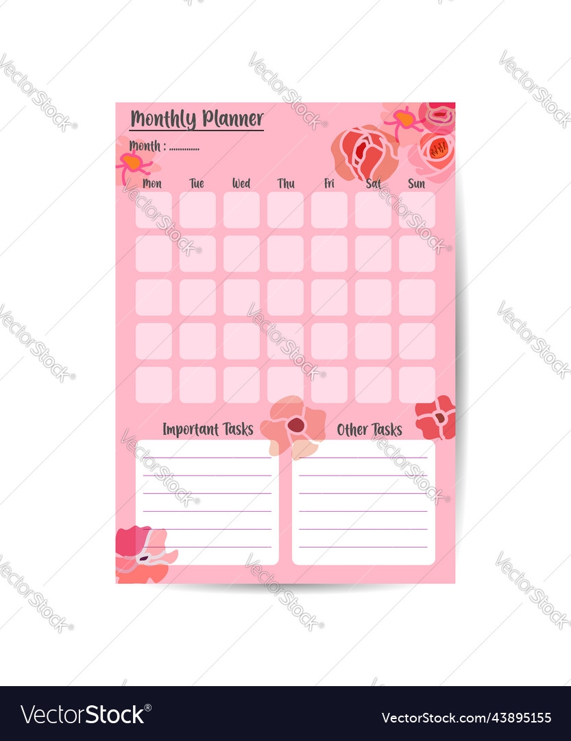 Cute Printable Monthly Planner With Flower Vector Image Cute Printable Monthly Planner With Flower Vector Image