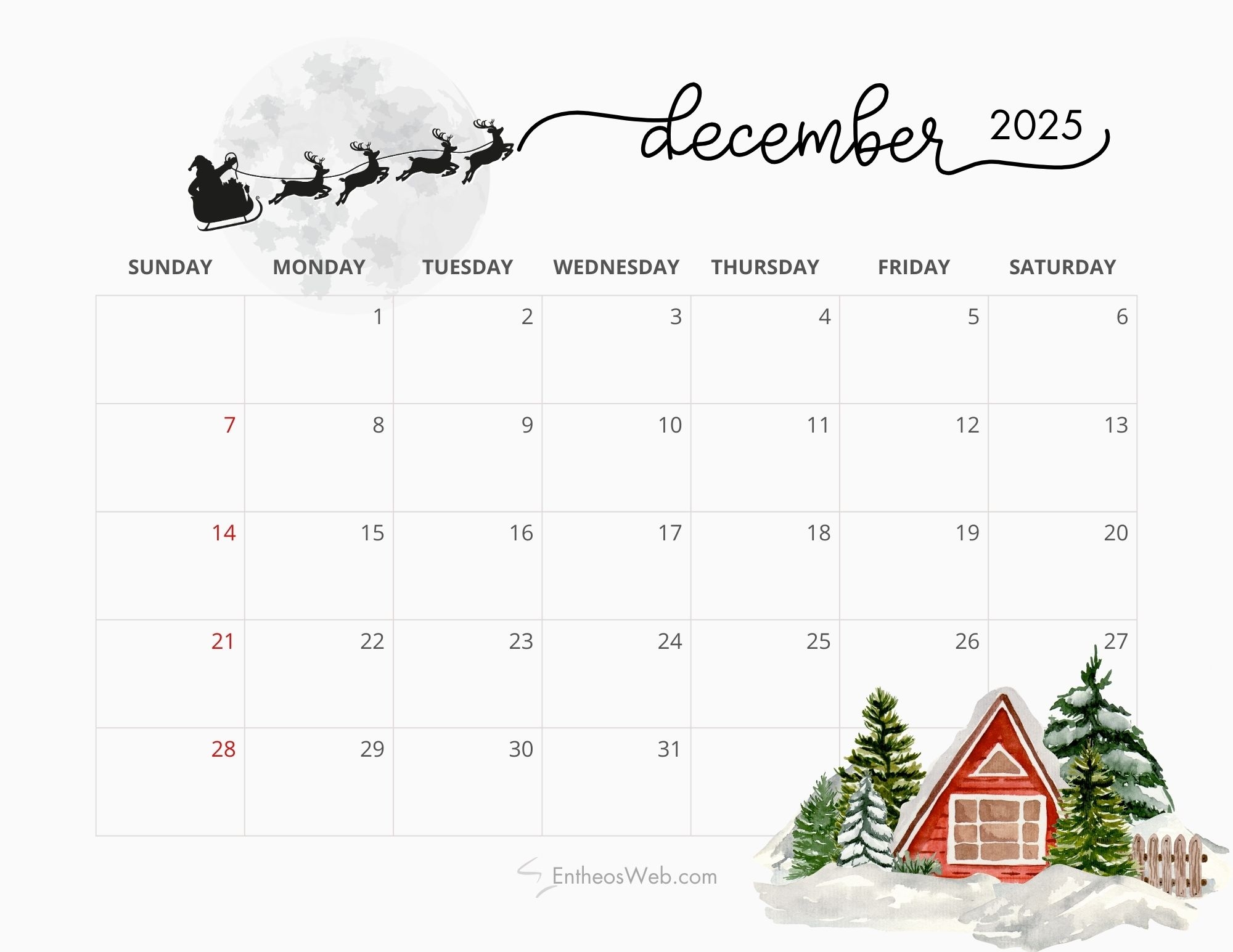 December 2025 Christmas Calendar Free Printable