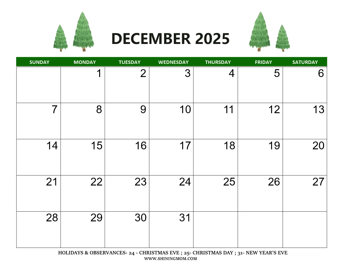 Free Printable Calendar For December 2025