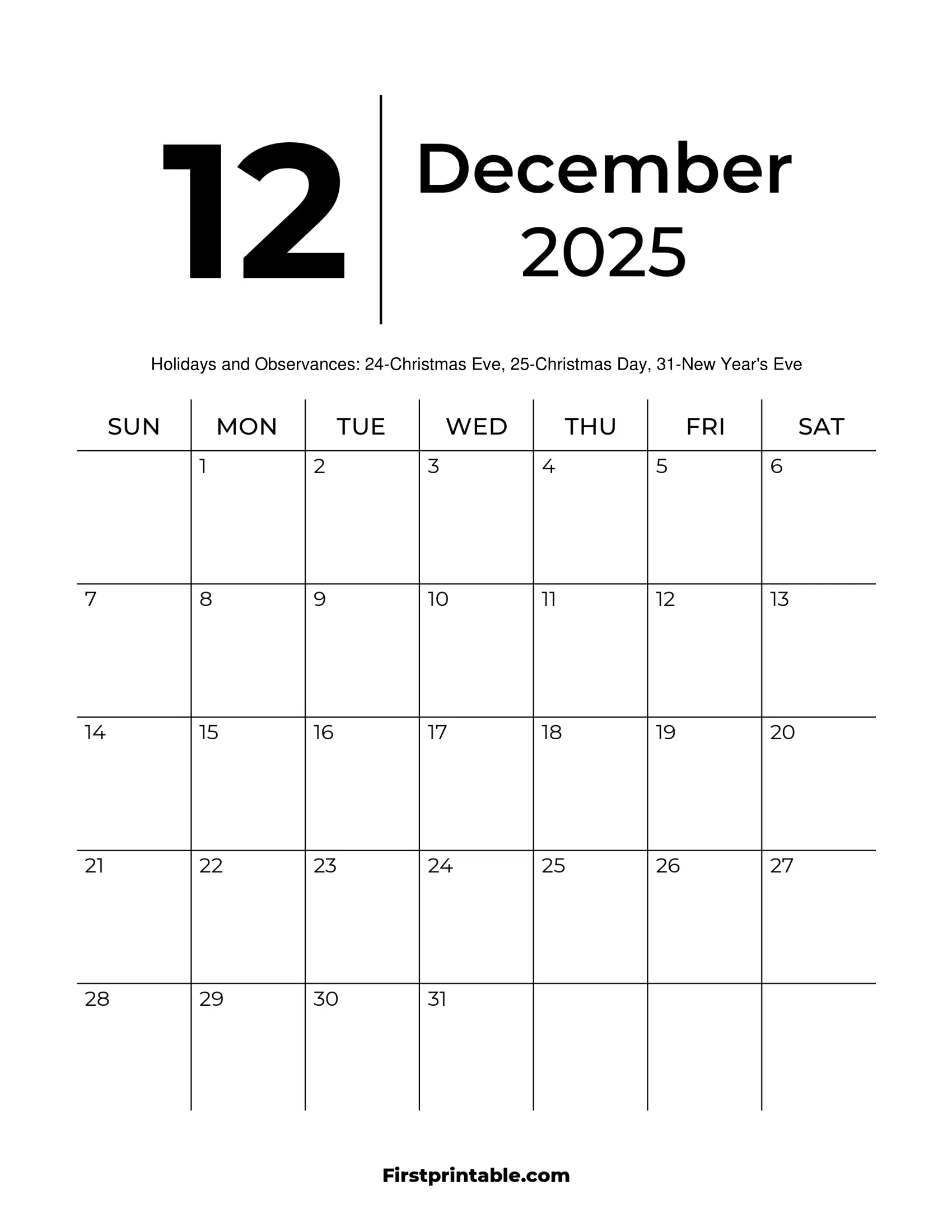 December 2025 Calendars Free Printable Fillable December 2025 Calendars Free Printable Fillable