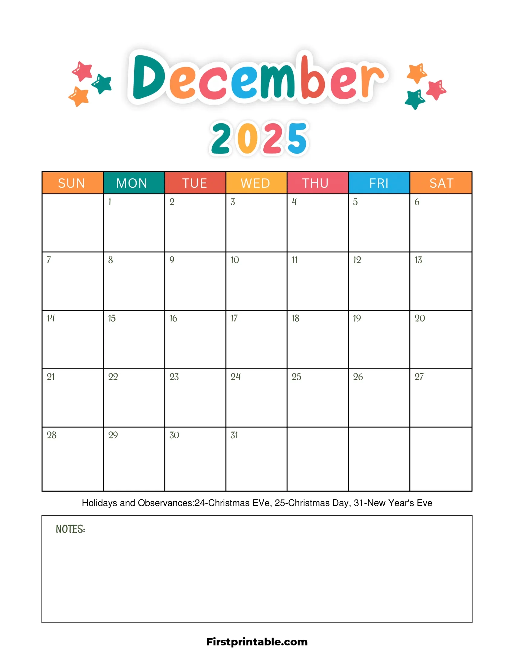 December 2025 Calendars Free Printable Fillable December 2025 Calendars Free Printable Fillable