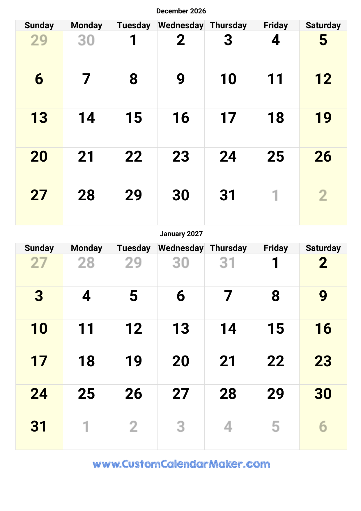 Blank Calendar December 2026 Printable