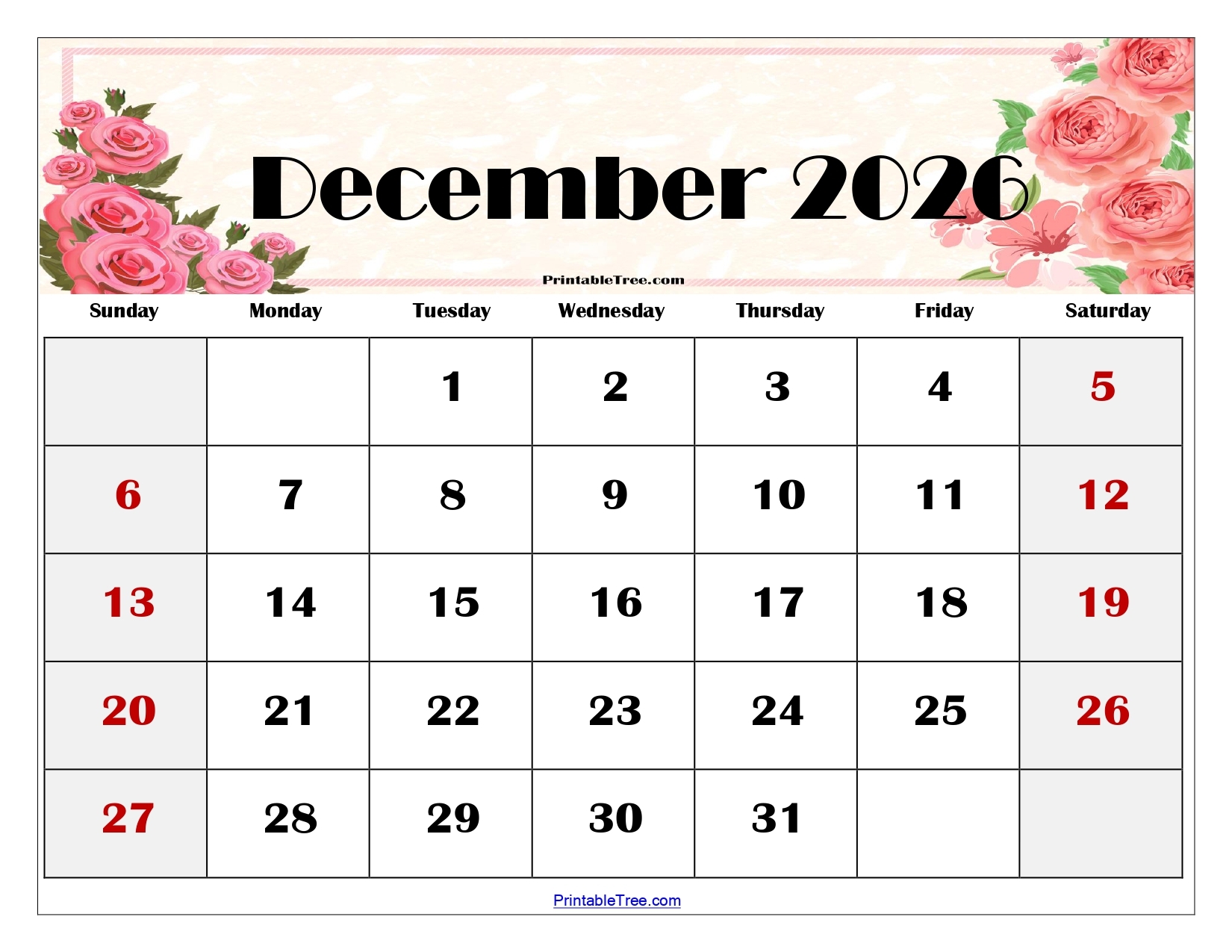 Blank Calendar Dec 2026 Printable