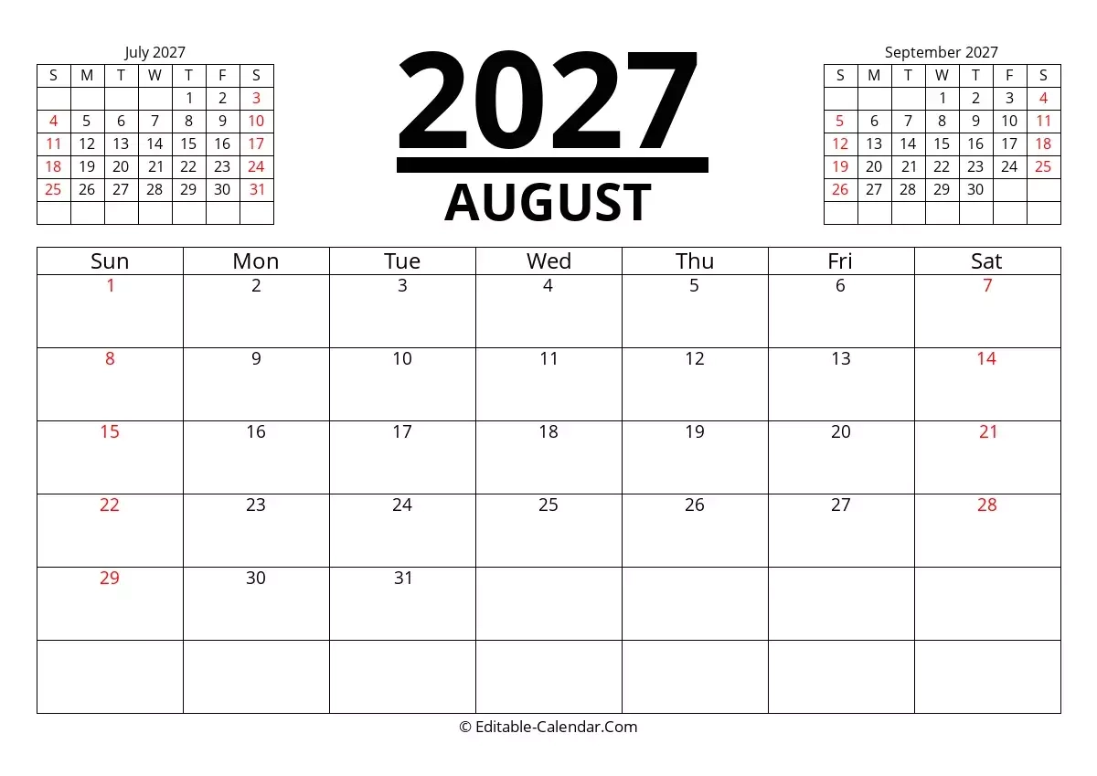 Download August 2027 Printable Calendar With Previous And Next Month Weeks Start On Sunday