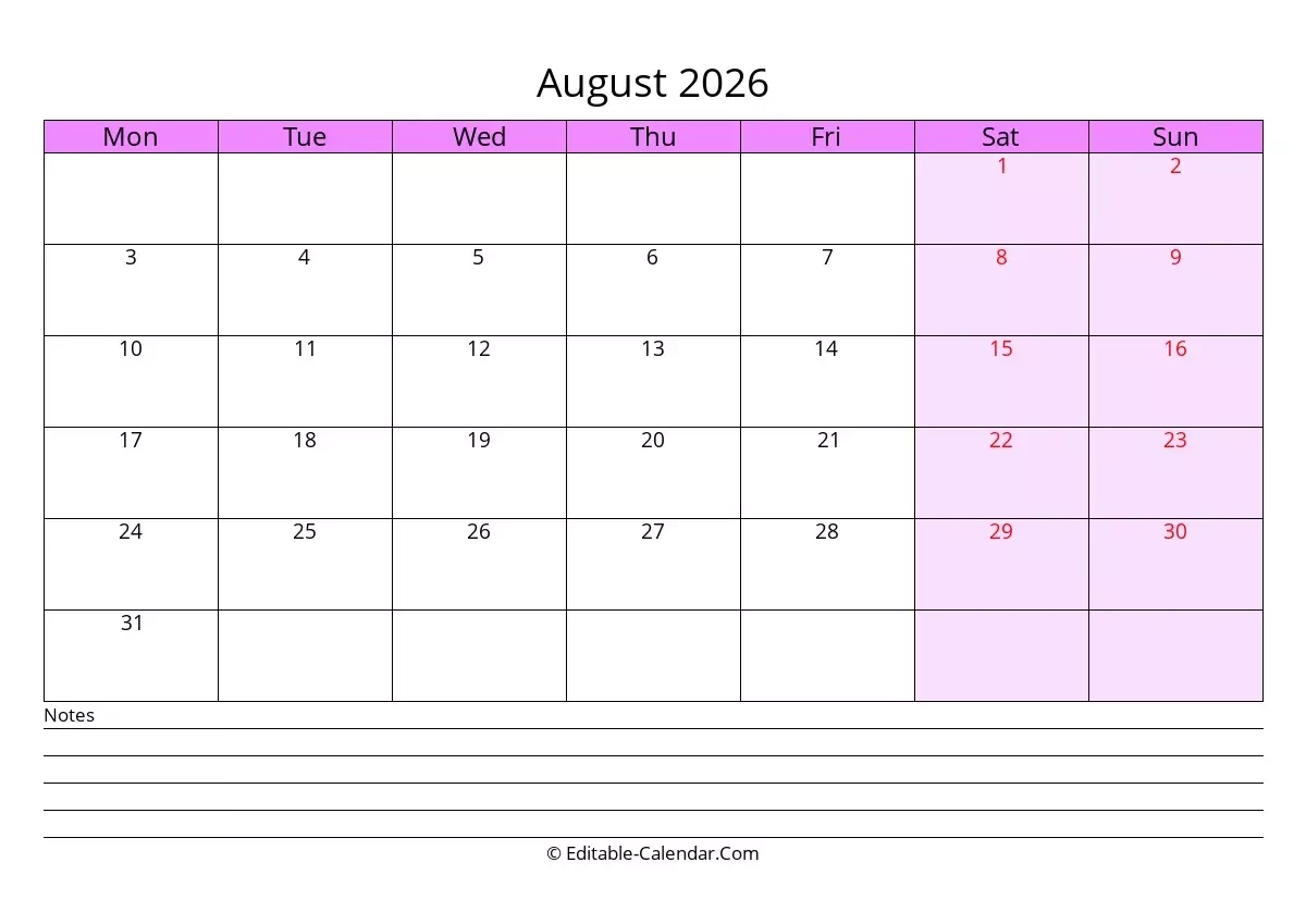 Download Free Editable Calendar August 2026 With Notes Monday Start Download Free Editable Calendar August 2026 With Notes Monday Start