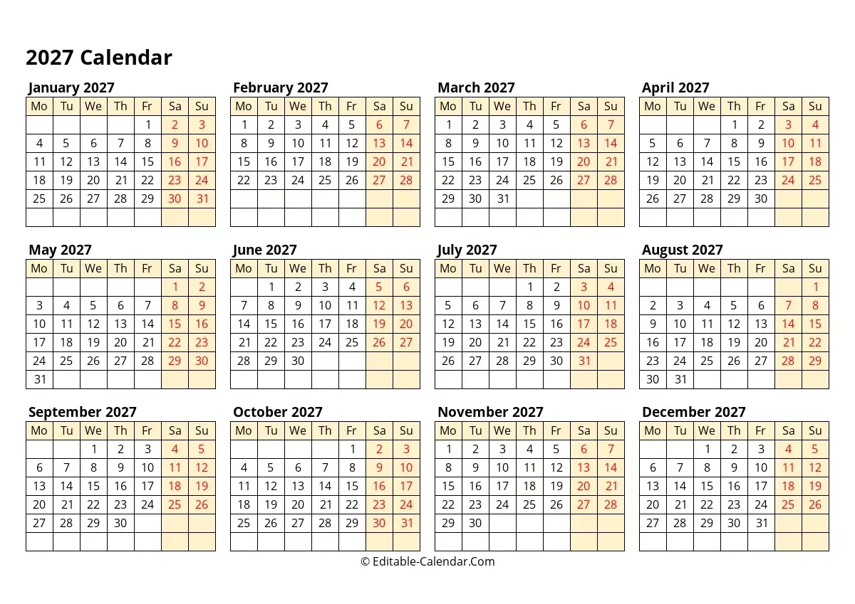 Calendar 2027 Printable