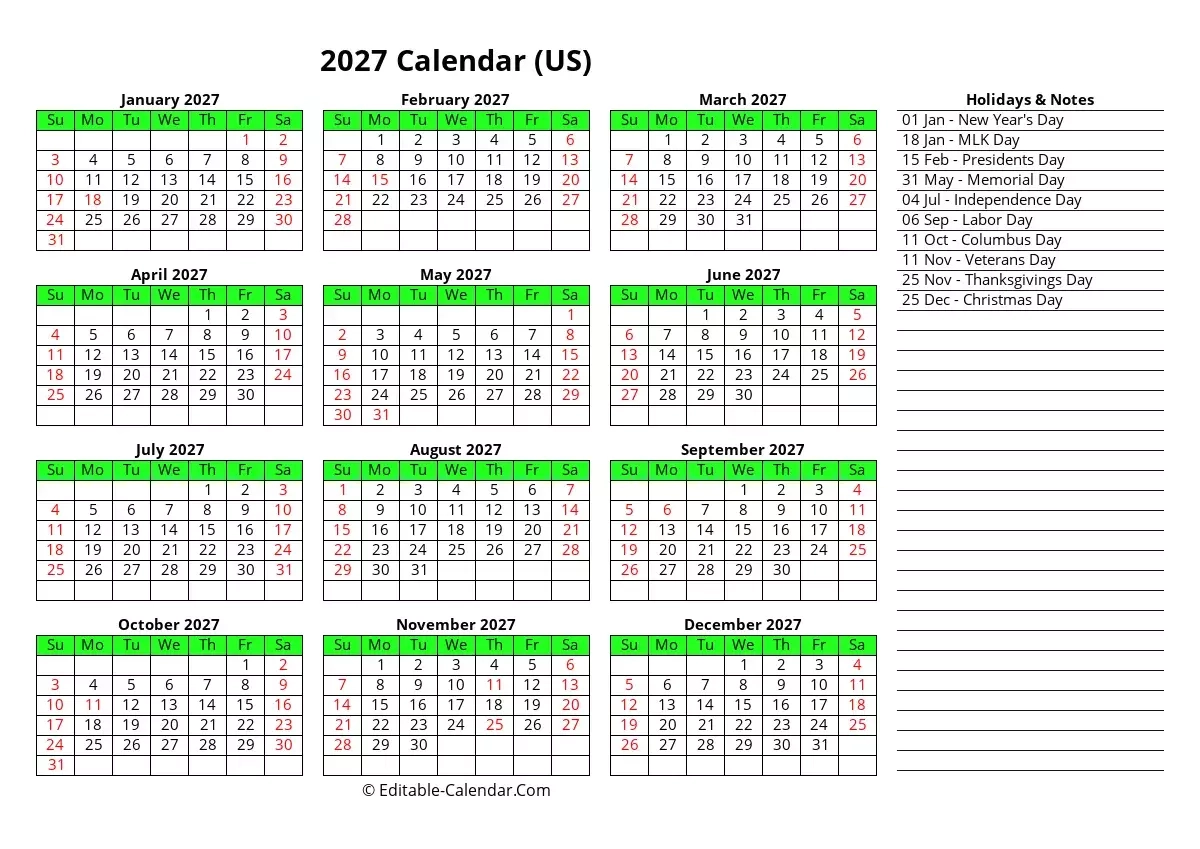 Download Printable 2027 Calendar With Holidays Weeks Start On Sunday