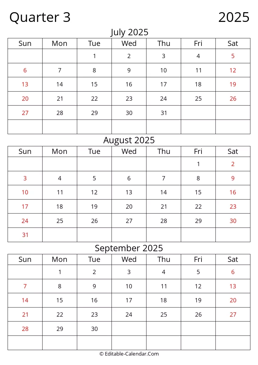 Download Q3 2025 Editable Quarterly Calendar Sunday Start