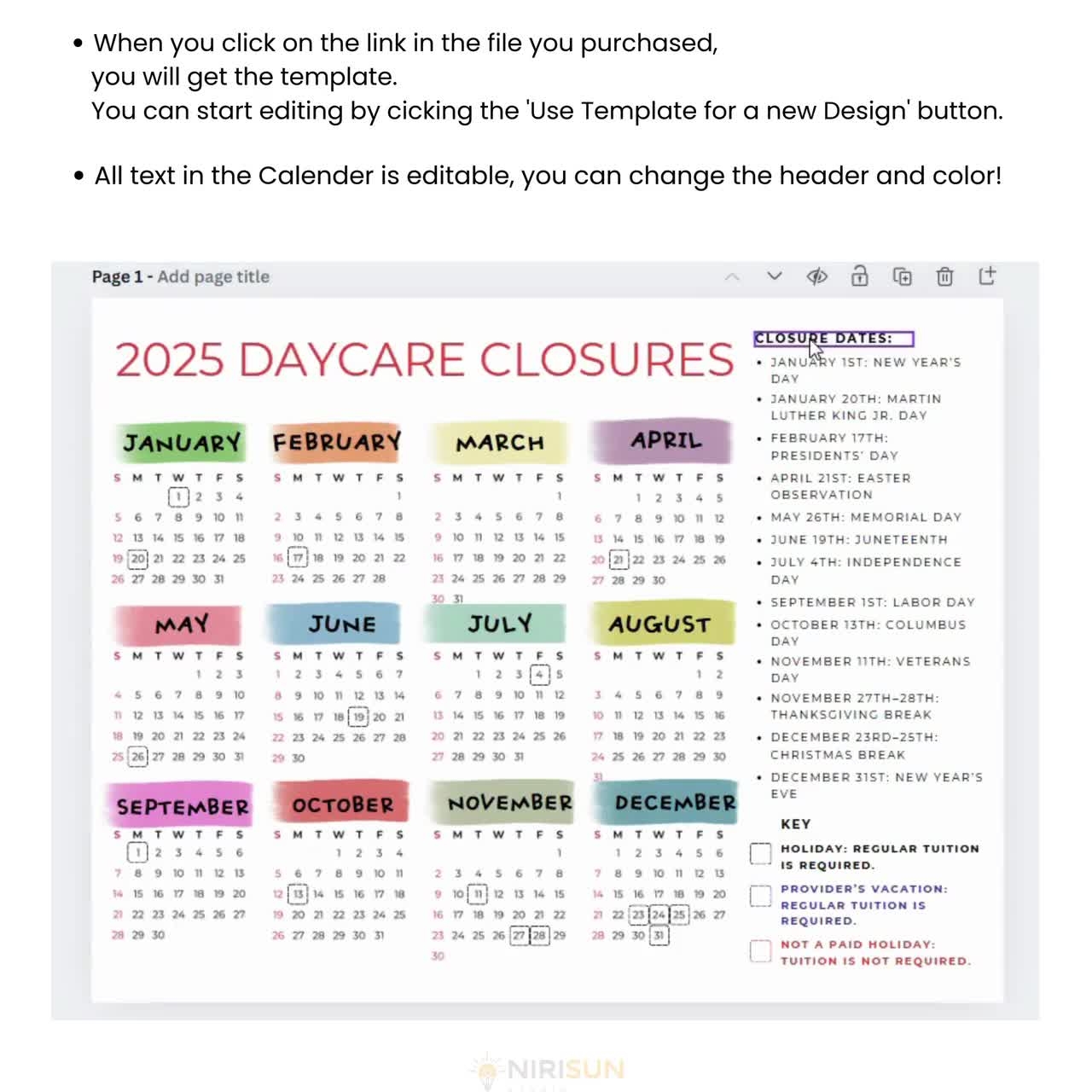 Editable 2025 Daycare Closure Calendar Template Printable Canva Customizable Holiday For Home Daycare Preschool Childcare Providers Etsy