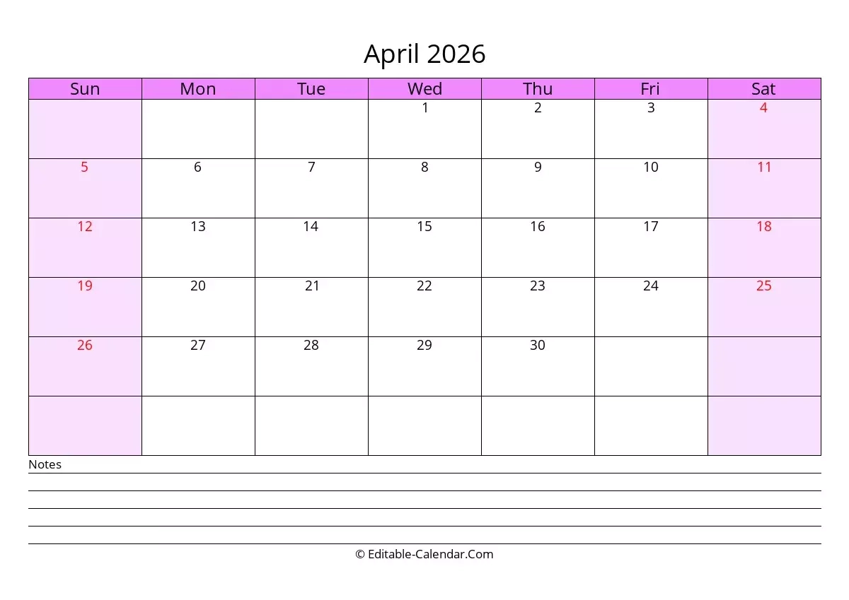 Editable Calendar April 2026 In Excel Word PDF