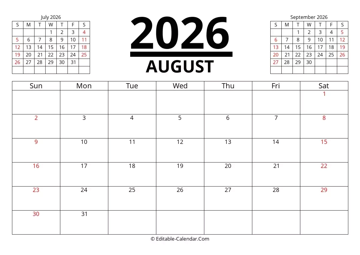 Editable Calendar August 2026 In Excel Word PDF