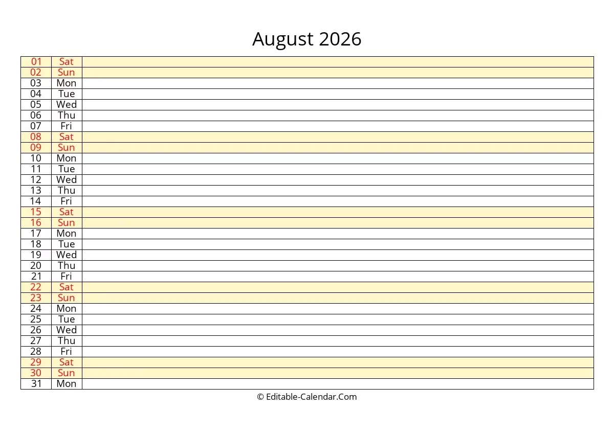 Printable August 2026 Calendar Word