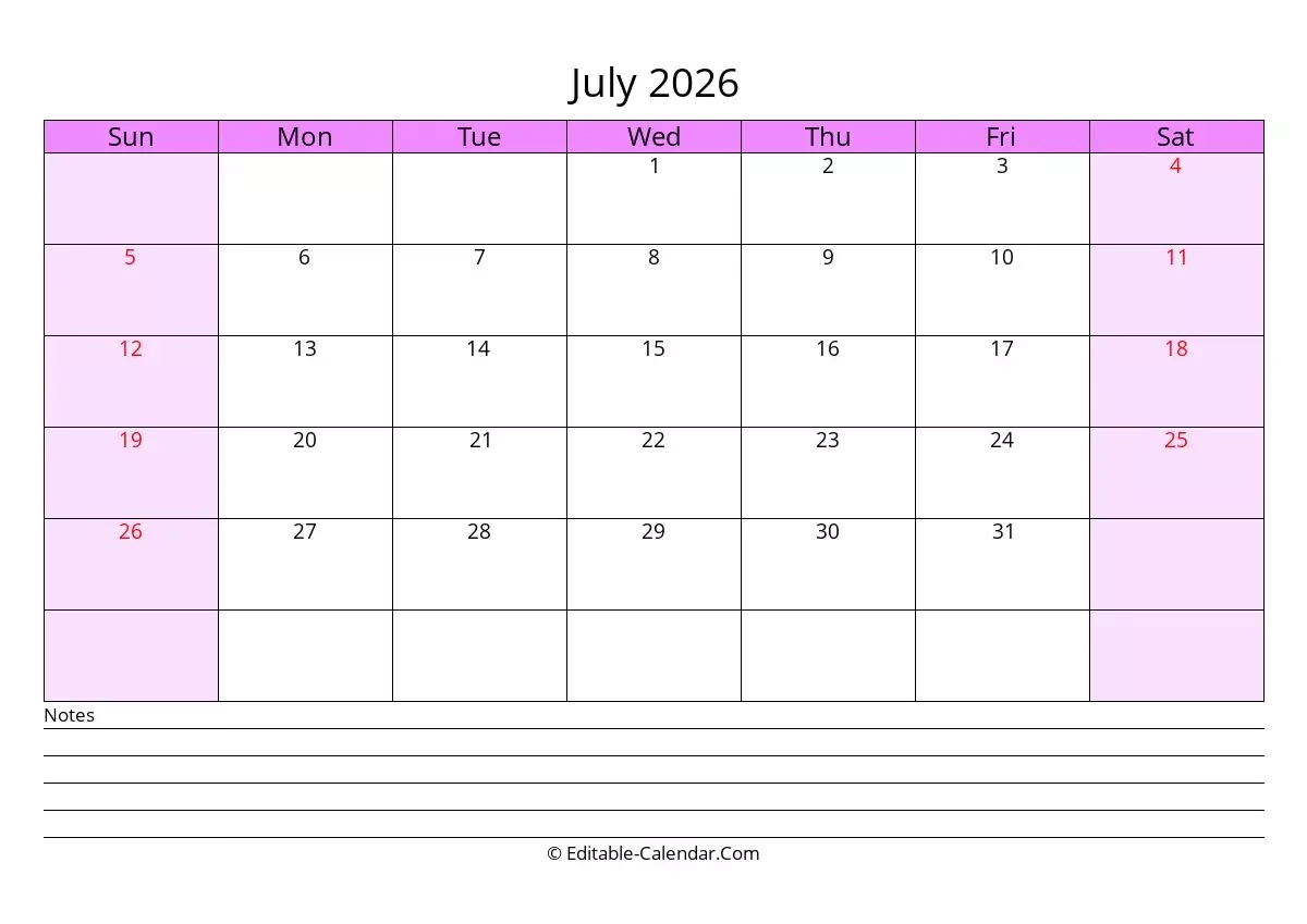 Printable Fillable July Calendar 2026