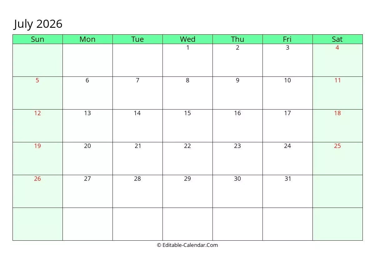 July 2026 Free Printable Calendar Free