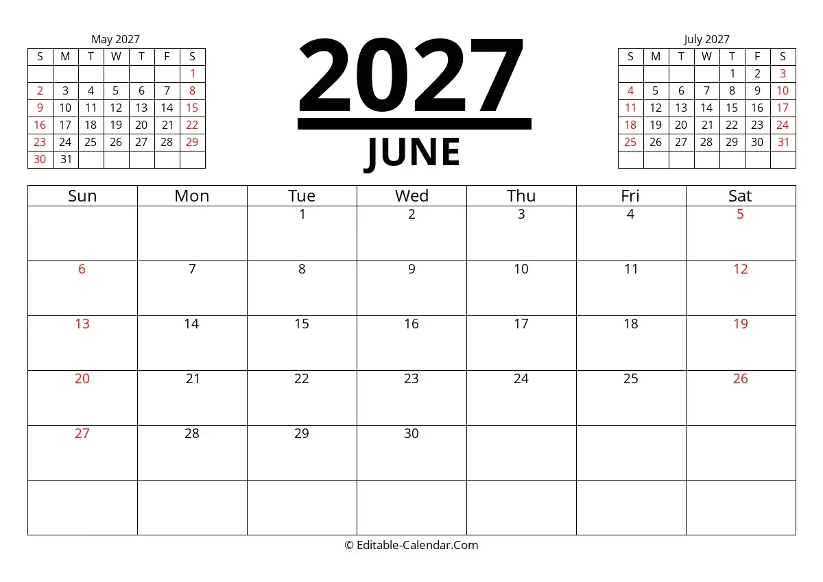 Printable 2027 Calendar June July August