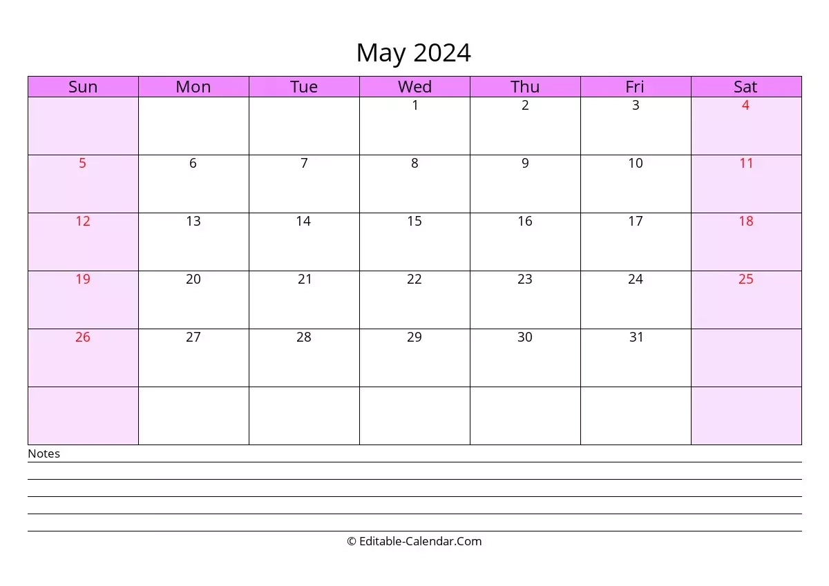 Editable Calendar May 2024 In Excel Word PDF