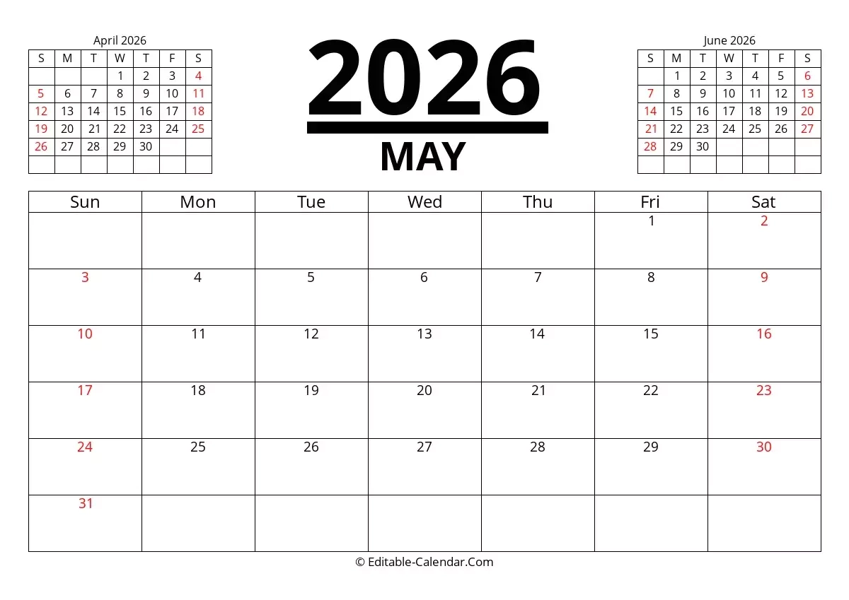 Editable Calendar May 2026 In Excel Word PDF
