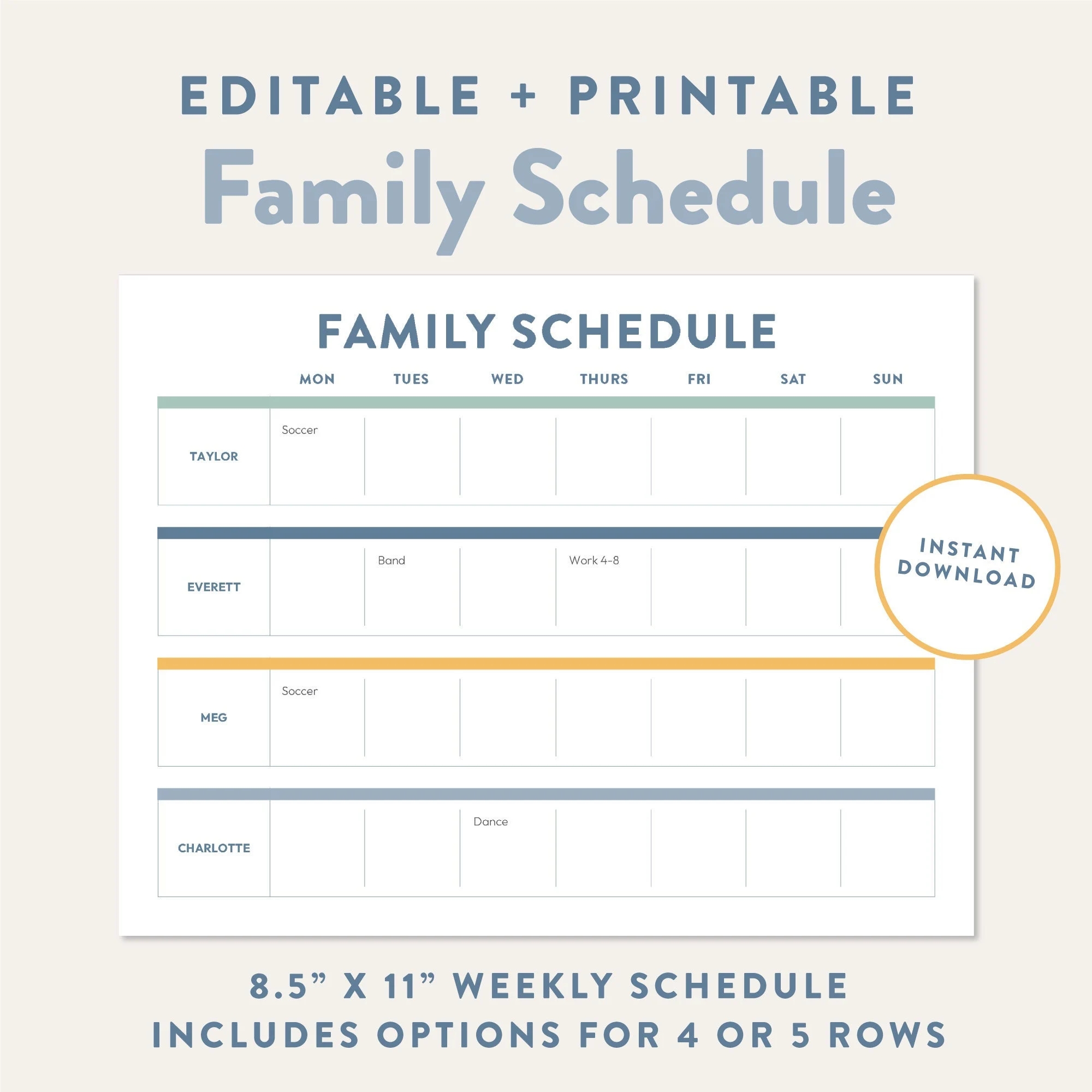 Editable Family Schedule Printable Weekly Planner Customizable PDF Command Center Printable Family Organizer Instant Download PDF Etsy