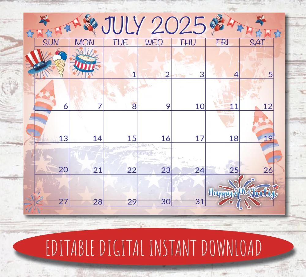 Editable July 2025 Calendar Digital Calendar Printable Calendar July Calendar Watercolor Calendar July 2025 Calendar Etsy