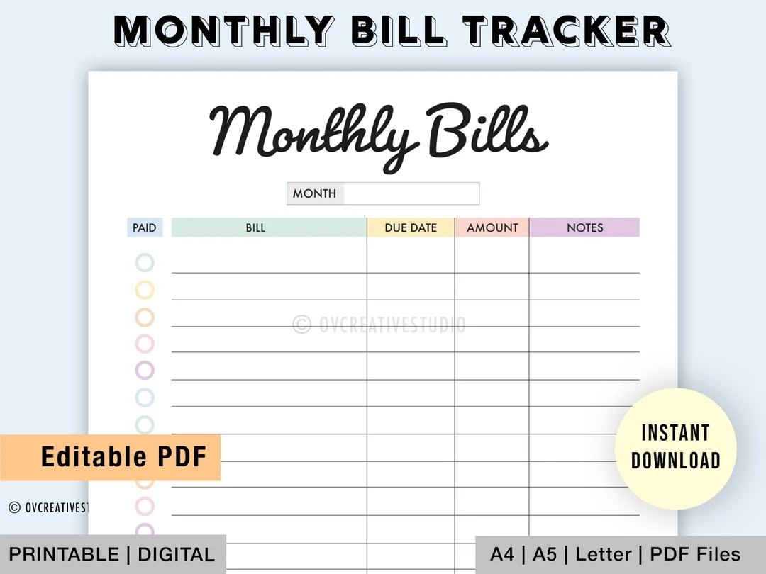 Editable Monthly Bill Tracker Bill Planner Monthly Bill Log Bill Payment Checklist Bill Payment Tracker Printable Digital PDF Etsy