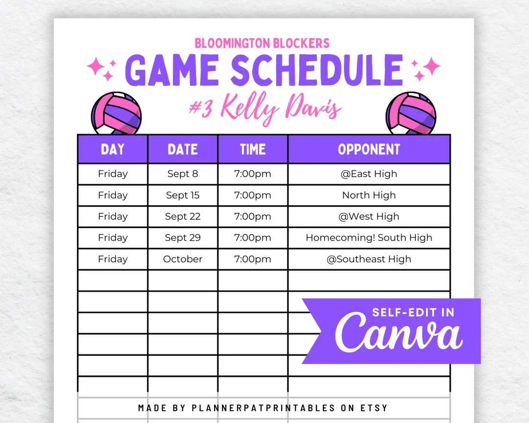 Editable Volleyball Schedule Template DIY Practice Or Game Calendar Printable Etsy
