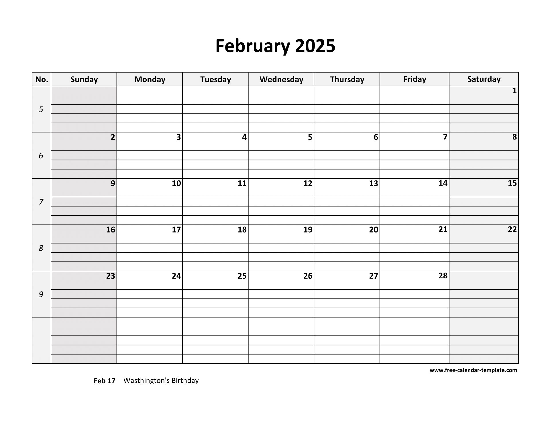 February 2025 Calendar Free Printable With Grid Lines Designed horizontal Free calendar template