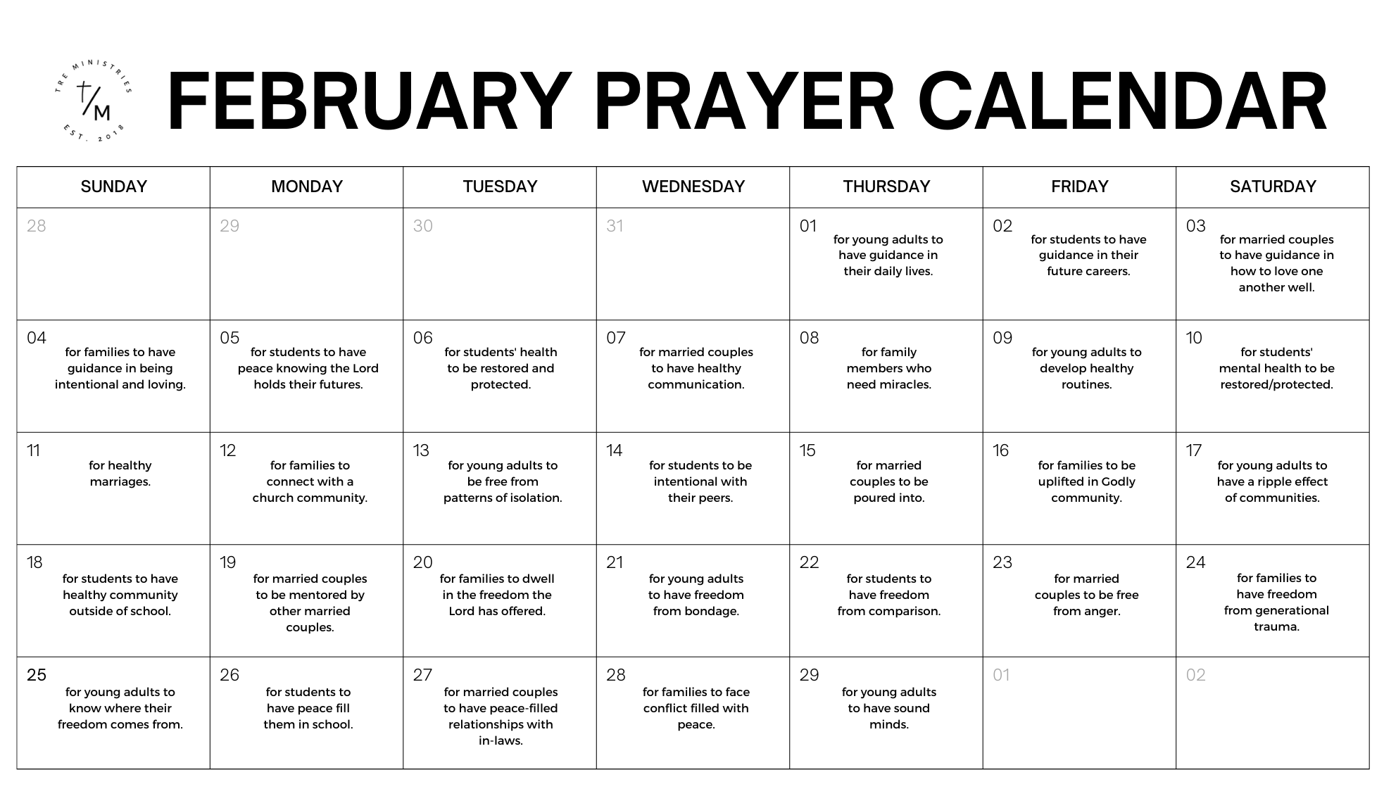 February Prayer Calendar Tre Ministries