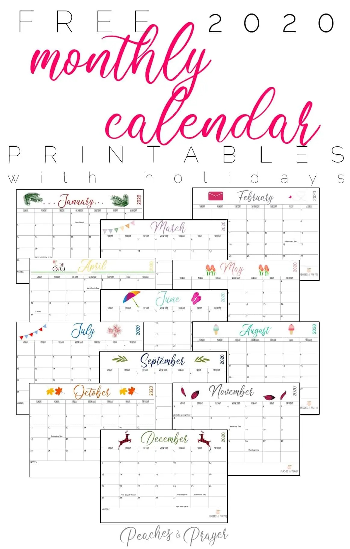 Free 2020 Monthly Calendar Printables Two Options Peaches Prayer