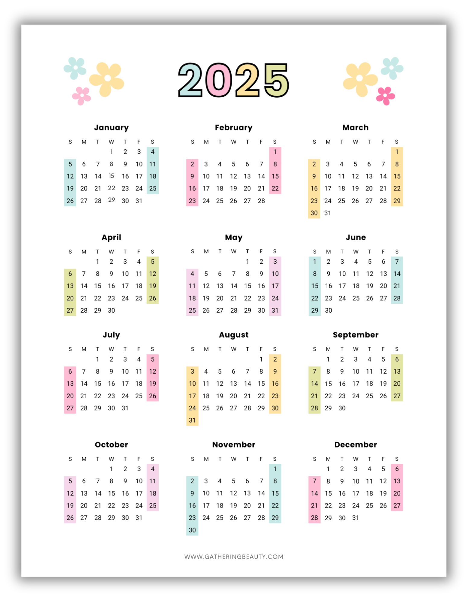 Free 2025 Printable Calendar One Page Gathering Beauty