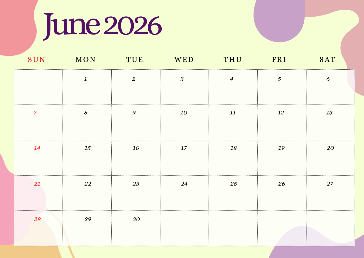 Generic Printable June 2026 Calendar