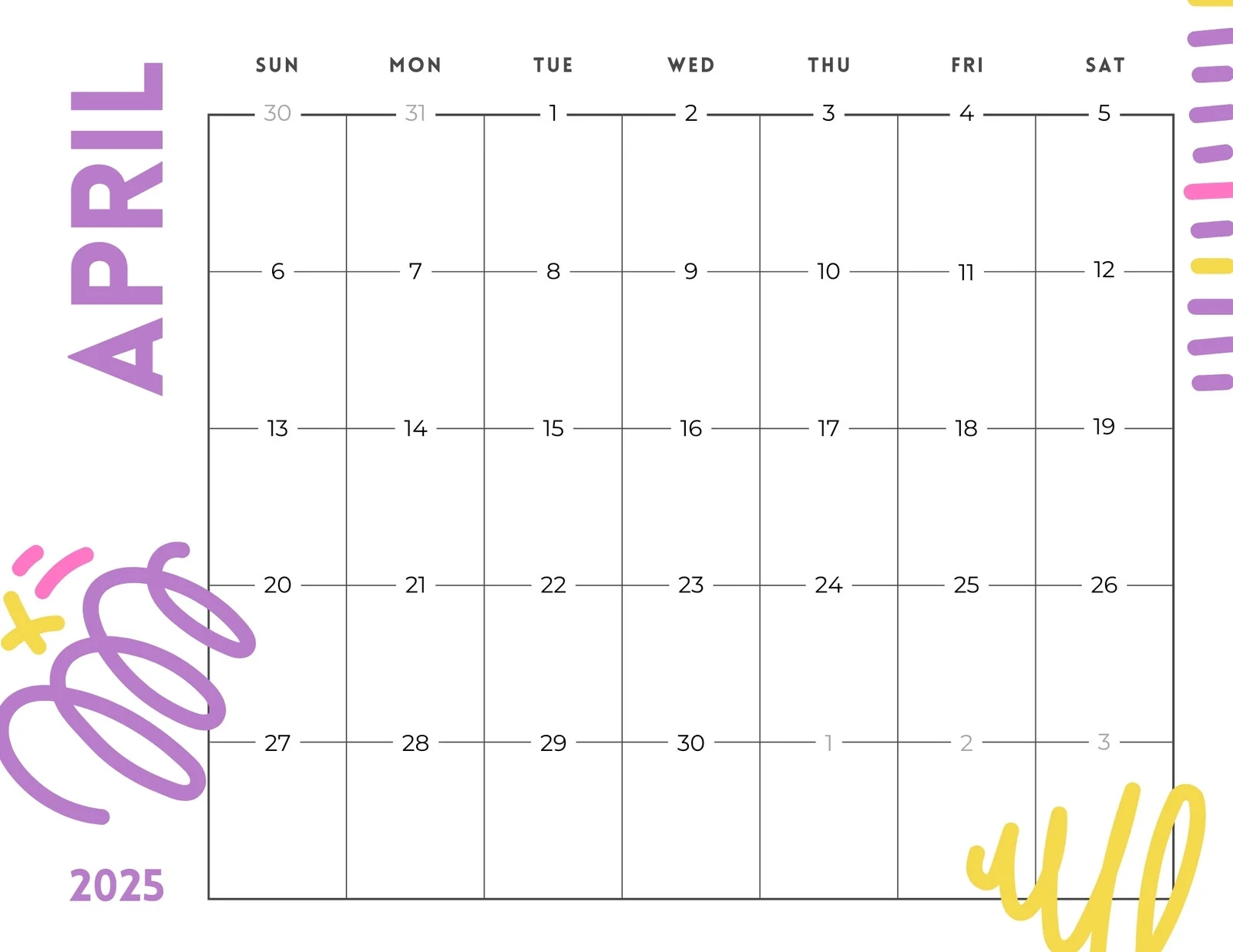 2025 4-Month Printable Calendar