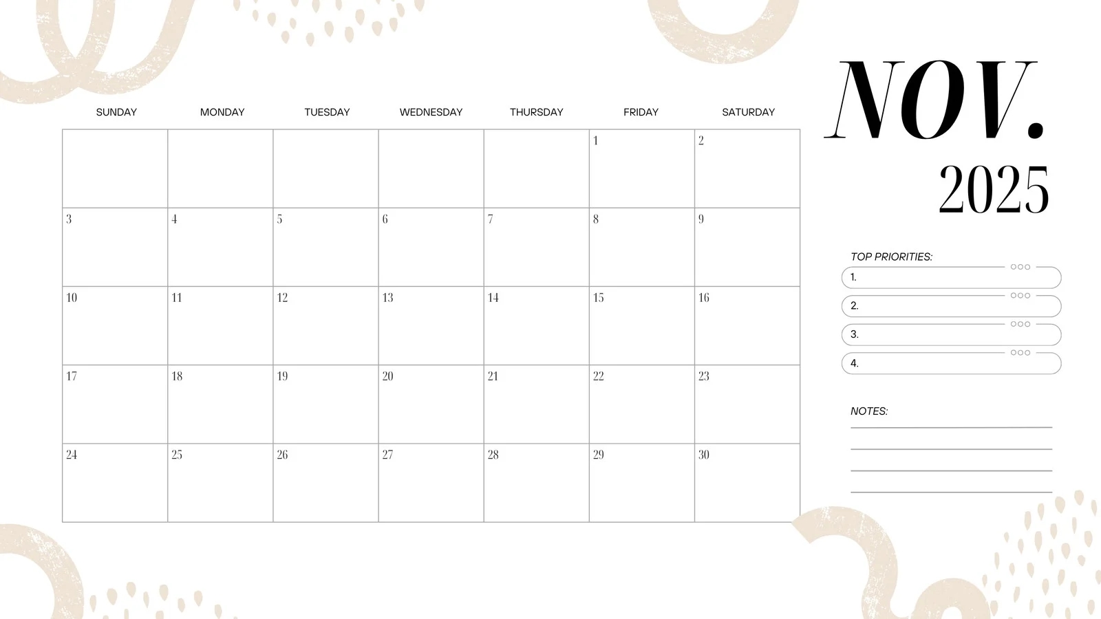 Blank November Calendar 2025 Printable