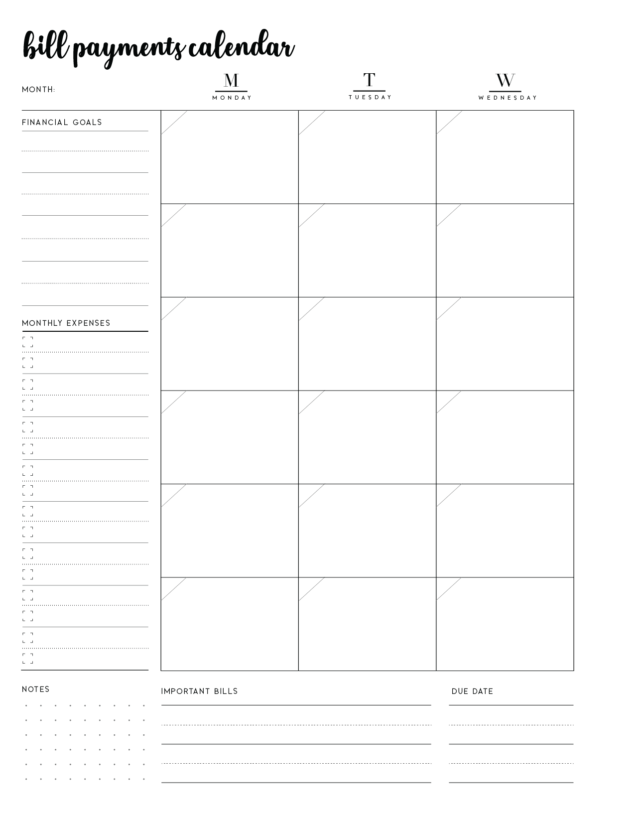 Printable Pay Bills Calendar