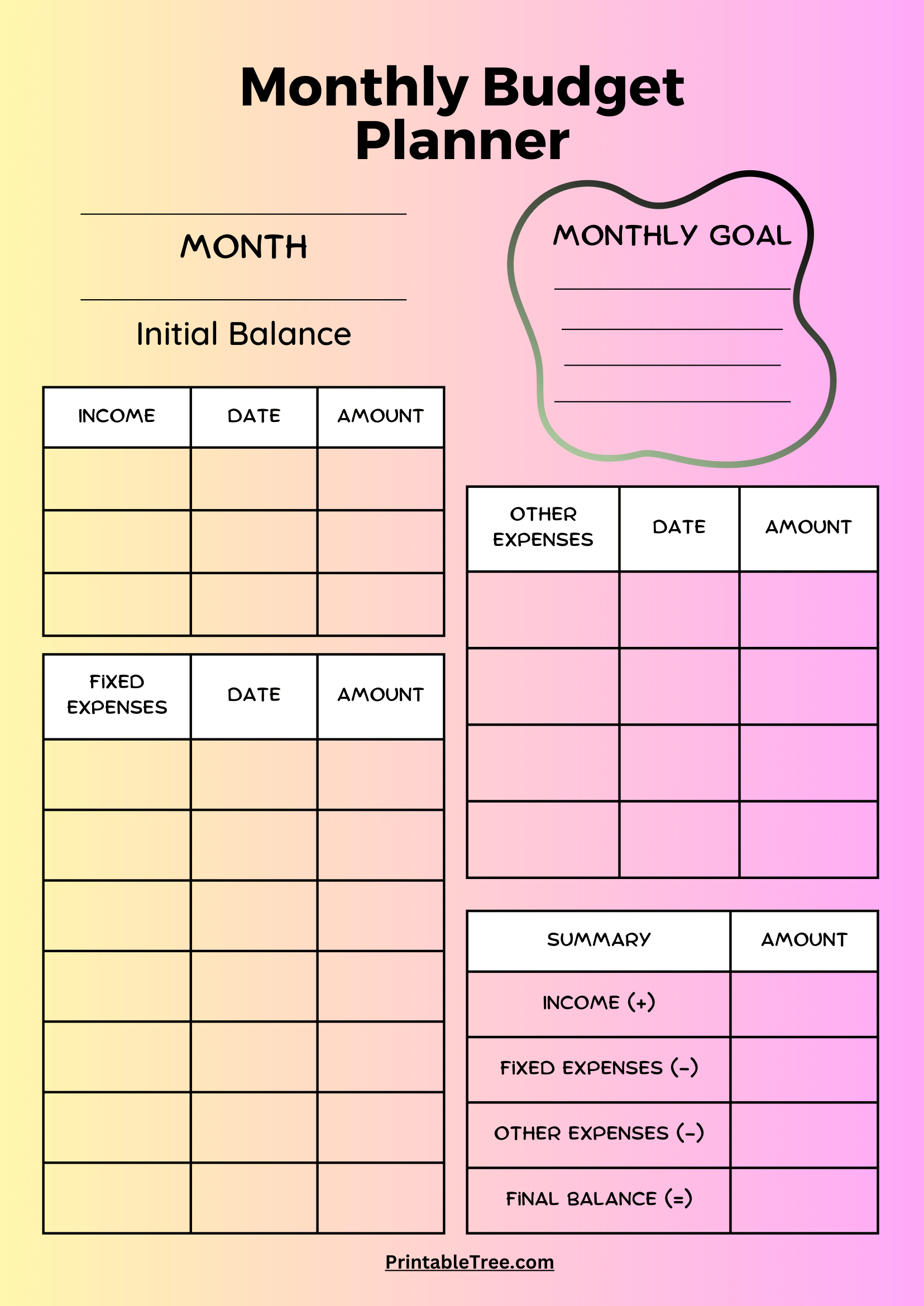 Budget Calendar Template Printable