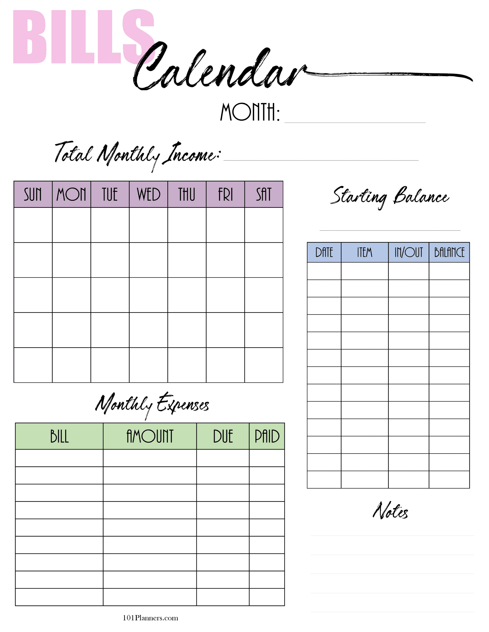Free Printable Monthly Bill Organizer Calendar