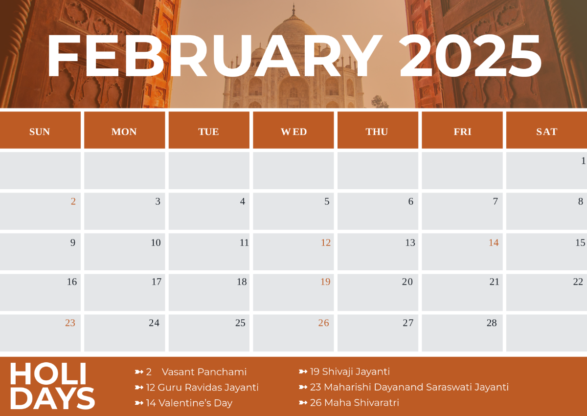 Free February 2025 Calendar With India Holidays Template To Edit Online