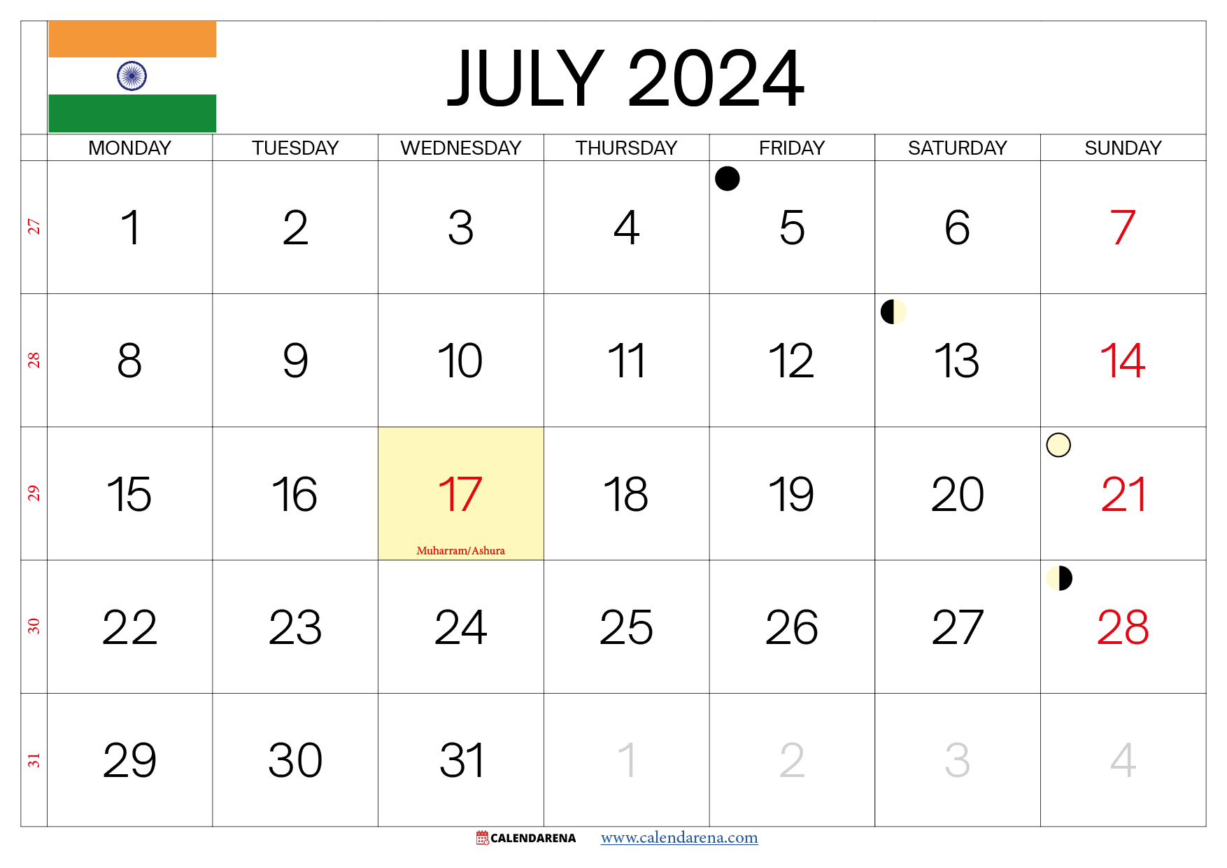 free july 2024 calendar india printable
