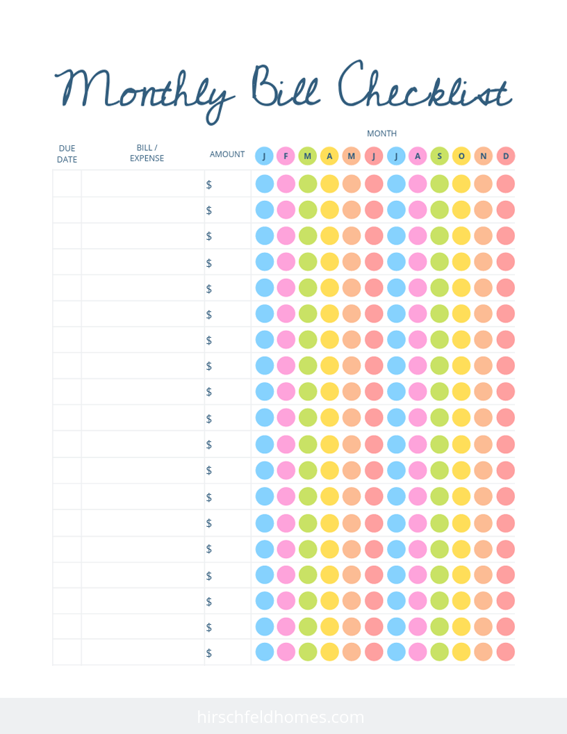 Monthly Bill Calendar Printable