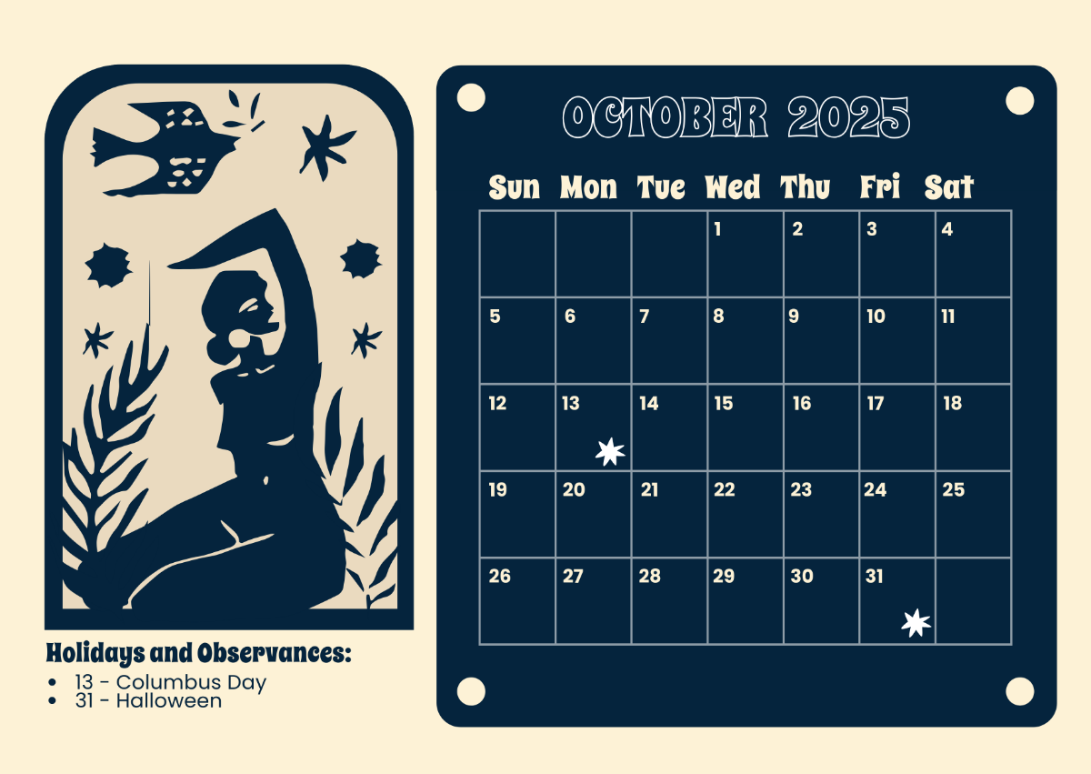 Calendar October 2025 Printable Horizontal