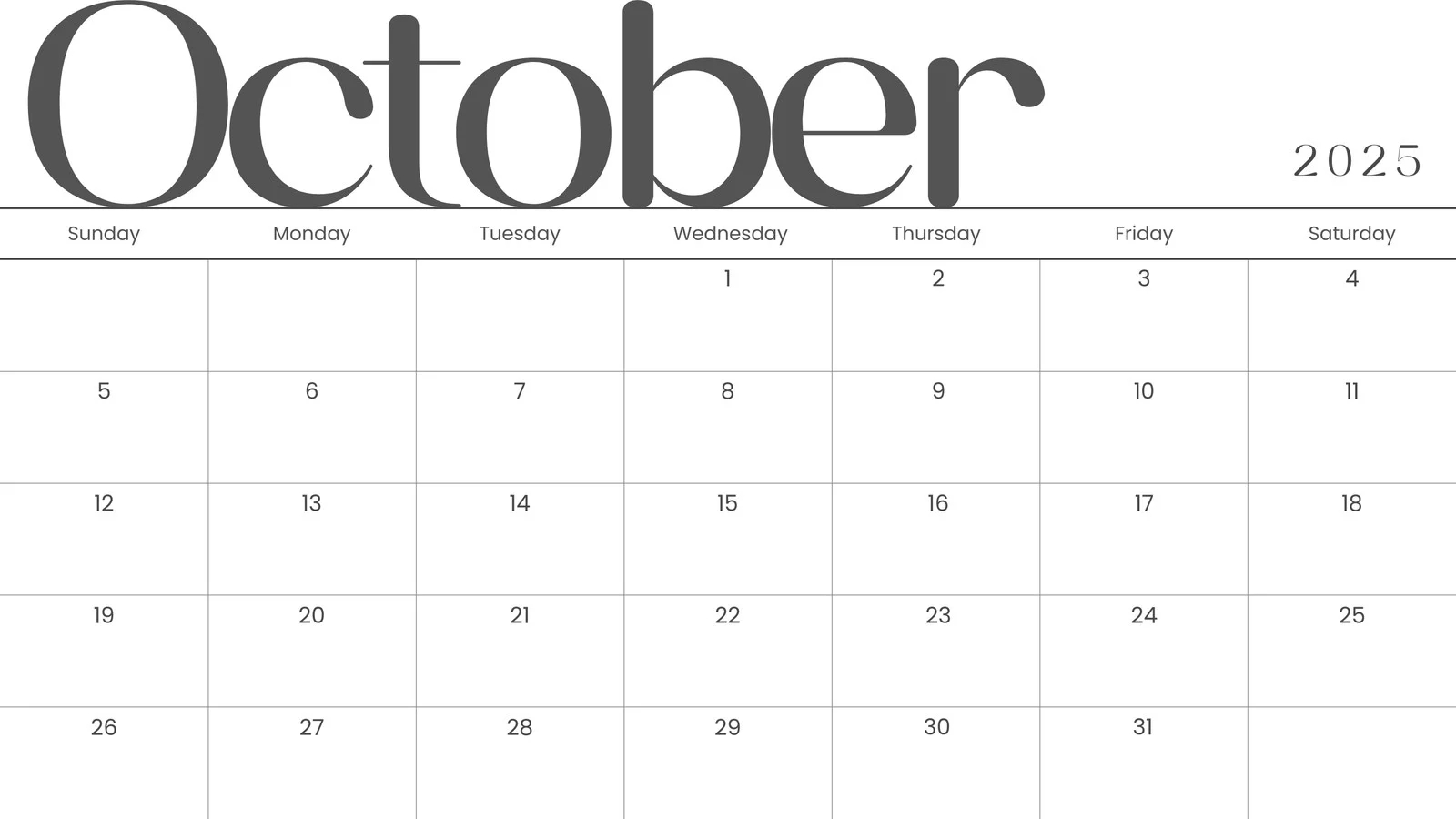 October Calendars 2025 Halloween Printable