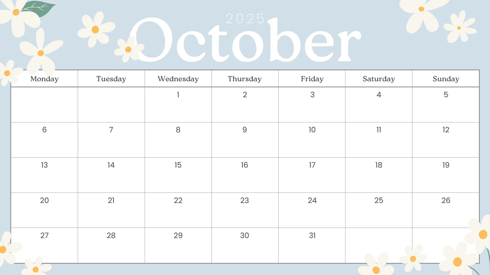 October 2025 Calendar Printable Free