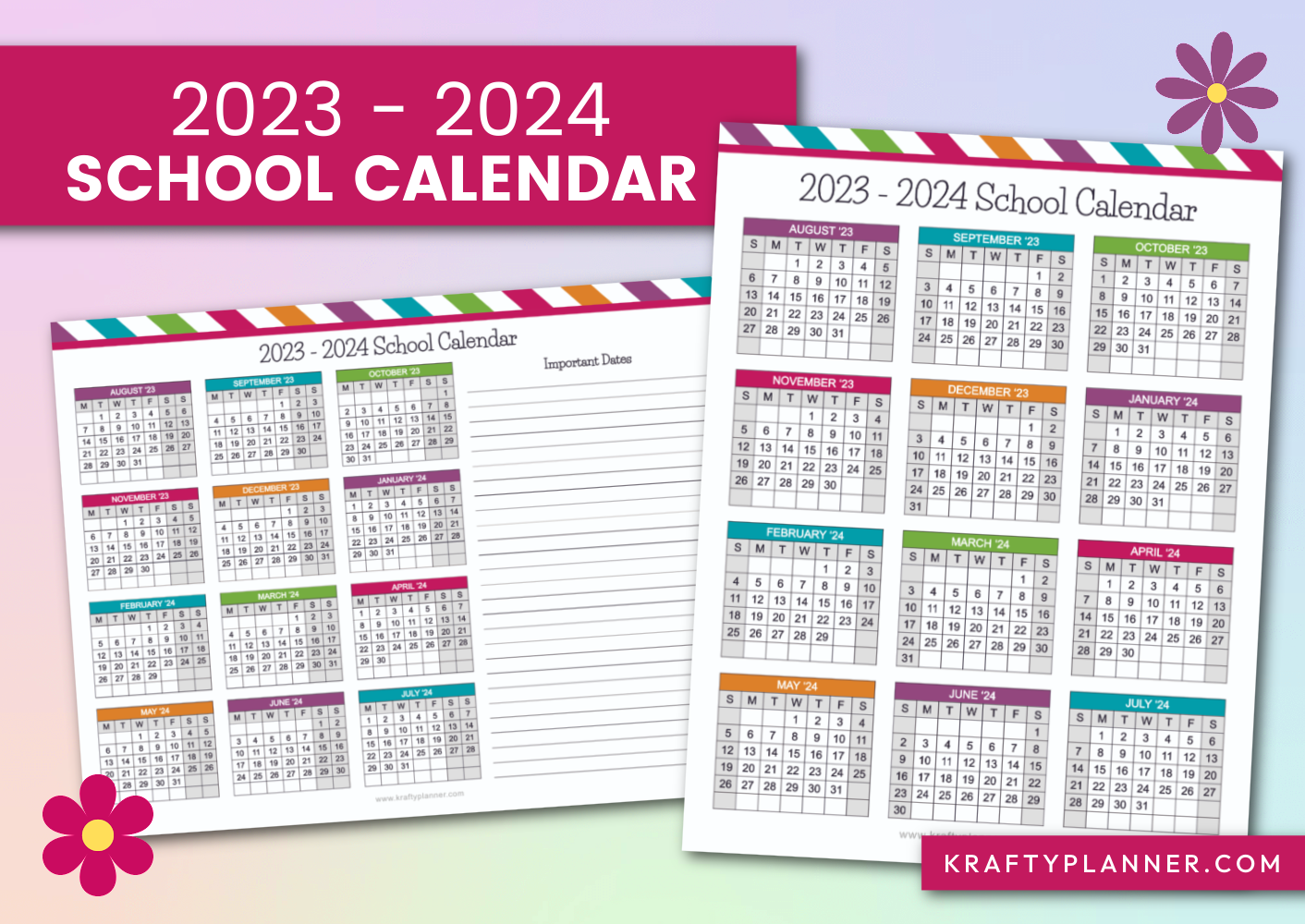 Free Printable 2023 2024 School Calendars Krafty Planner