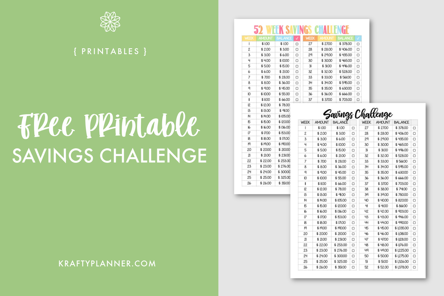 Free Printable 52 Week Savings Challenge Krafty Planner